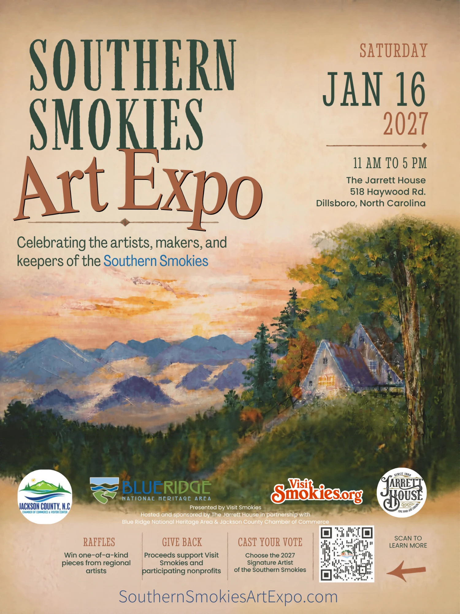 Southern Smokies Art Expo poster: Saturday, January 16, 2027, 11 AM to 5 PM, The Jarrett House, Dillsboro